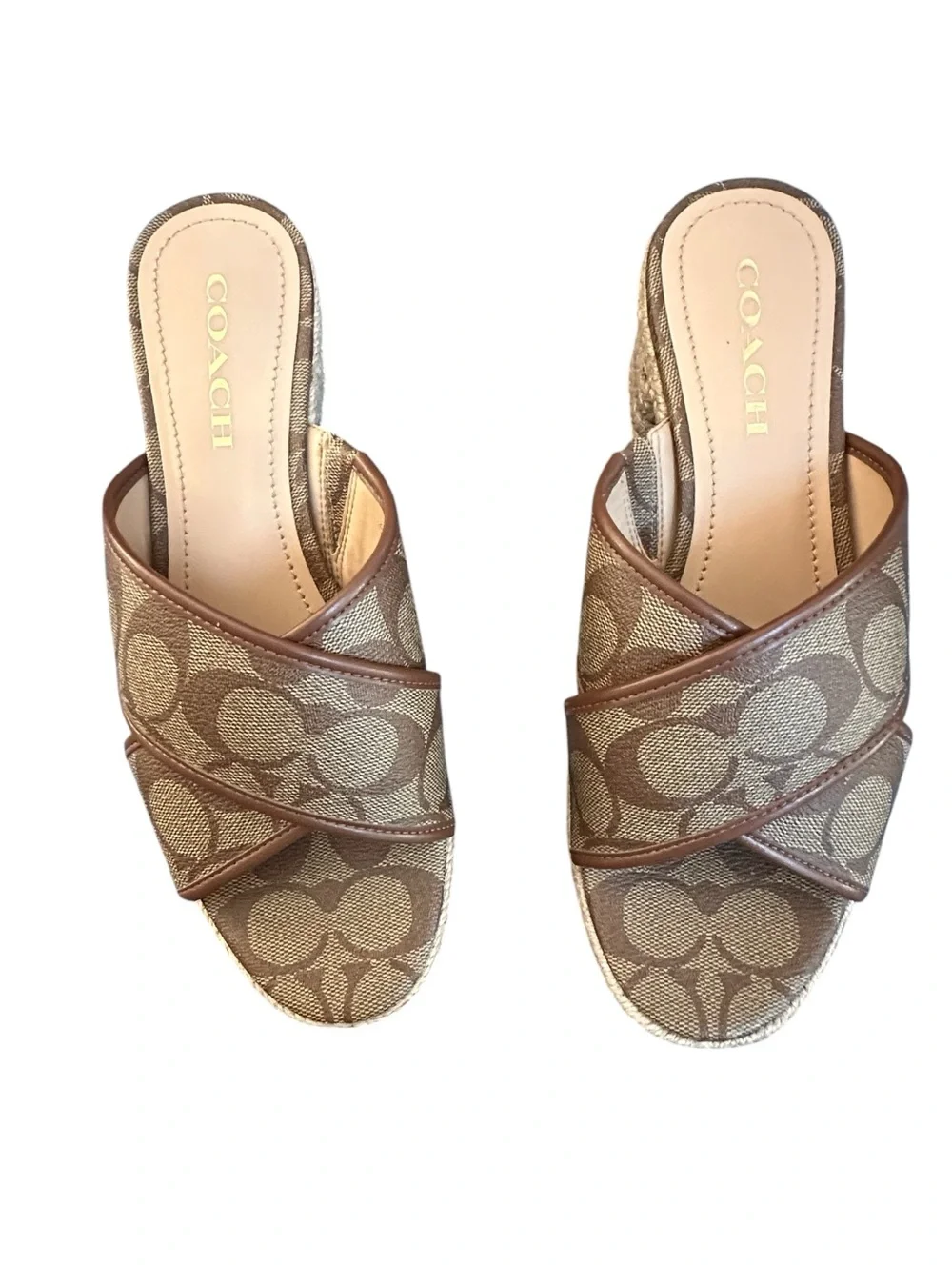 Coach Sloan Signature Espadrille Brown Canvas Crisscross Slide Mules, 8.5B